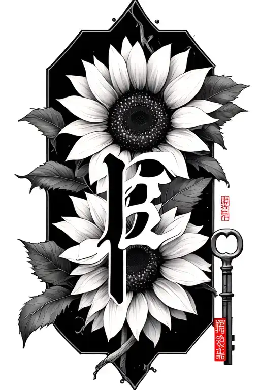 Monica Name In Chinese Letter With Kintsugi Features Next To An Old Key And A Sunflower