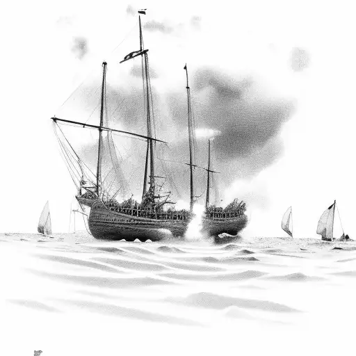 A Black And Grey Tattoo Of A Hawaiian Historical Event Taking Place On A Beautiful Beach