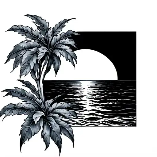 Fineline Tattoo With A Sunset Over The Ocean And Portuguese Tiles