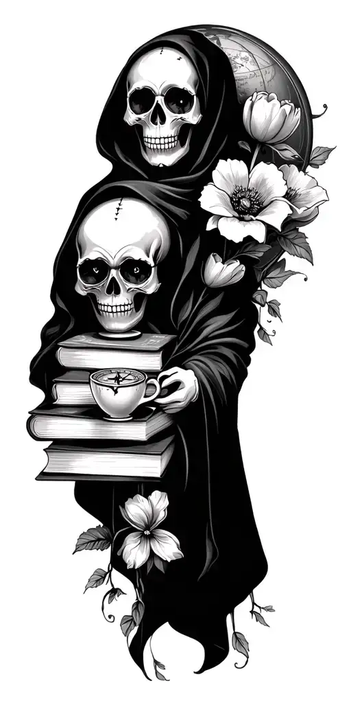 Flowers Vine Books Sugar Skull Grim Reaper Poppy Tulip Heart Travel Globe Teacup Compass