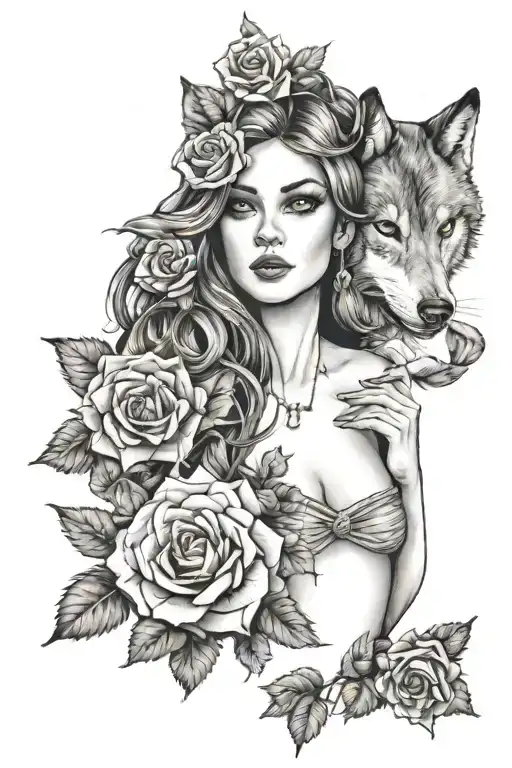 Woman And Wolf With Skull And Roses Blooming