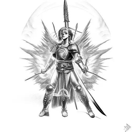 An Angelic Warrior Wielding A Flaming Sword Against A Dark Background