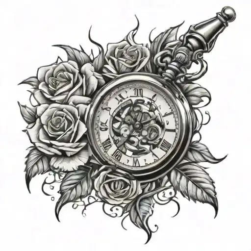 Dagger Breaking Pocket Watch And Roses Glass Shards