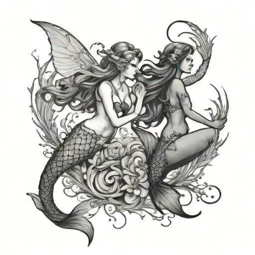 Dainty Simple Mermaid And Fairy Reaching Towards Each Other