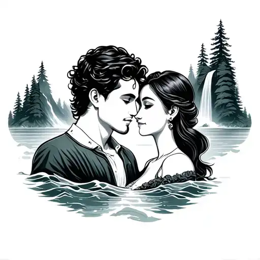 A In Love Couple On A Background Of Wooded Mountains With A Waterfall That Falls Into The Sea