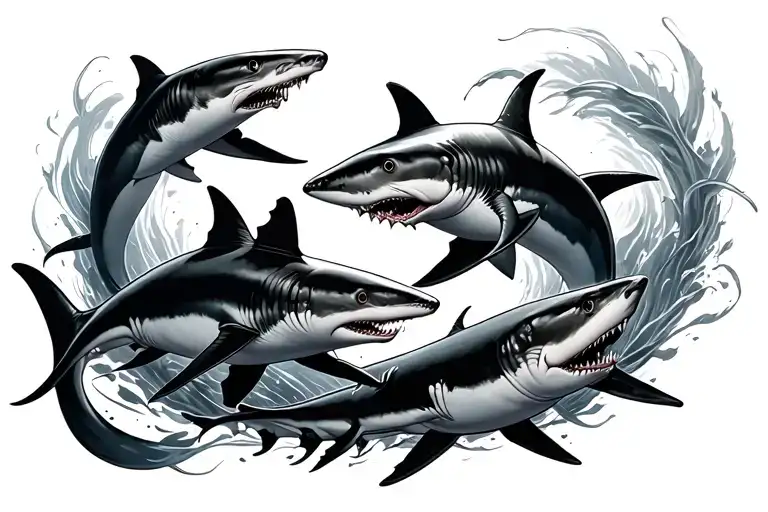 4 3D Sharks Chasing Each Other Around My Forearm Thin Black Lines