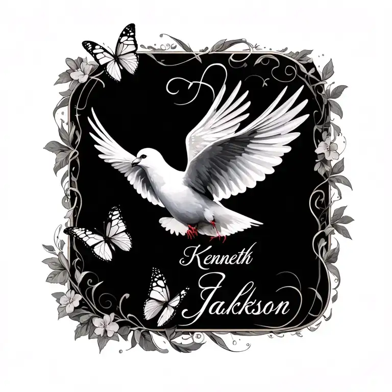 Kenneth Jackson In Cursive With A Dove And Butterflies