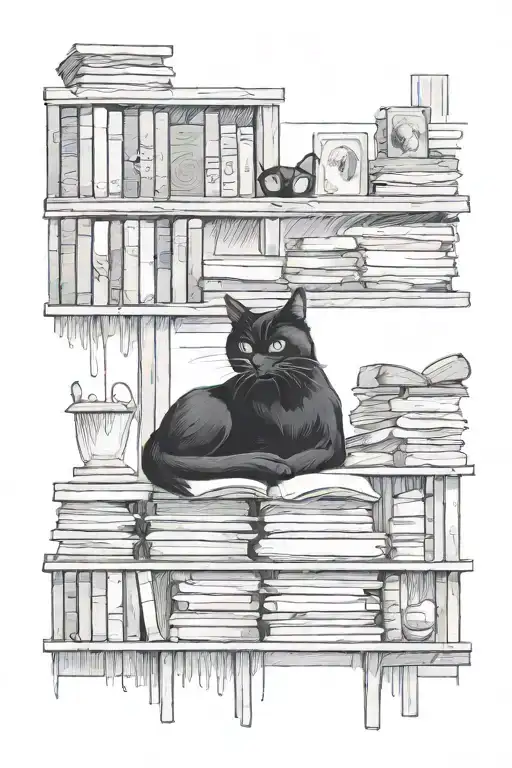 Black Cat Reading A Book On A Bookshelf Filled With Books