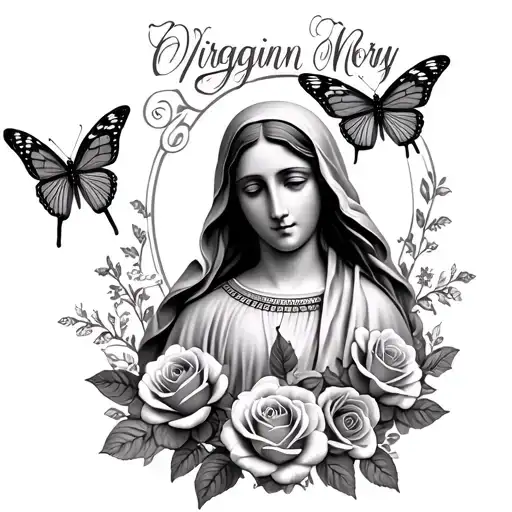 Virgin Mary With Roses And Buterflies And Name Written