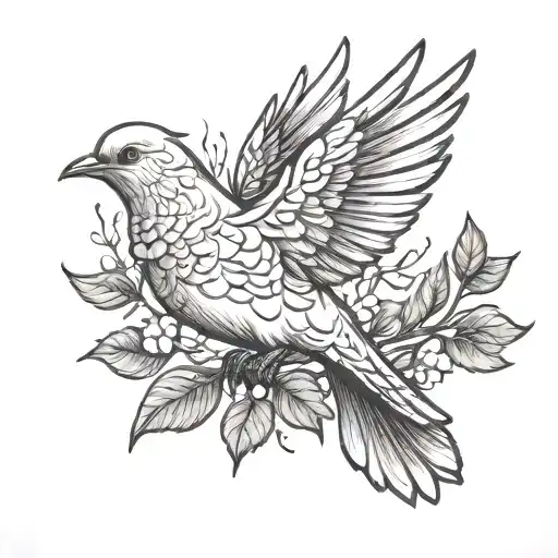 Dove With Wings Spread On Tree Branch