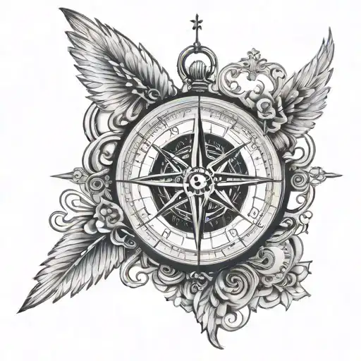 Compass With Clock And Wings