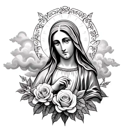 Virgin Mary With Roses And Clouds
