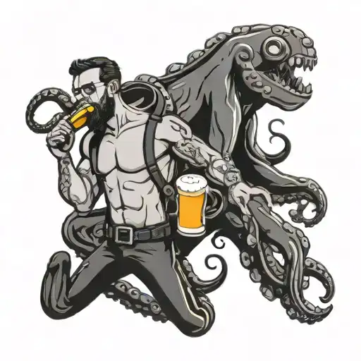 Diver And Octopus Drinking Beers Cheering