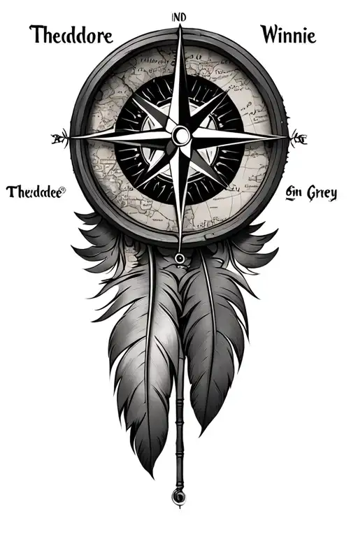 A Compass Rose And Feathers Intertwined With A Burning Map With The Names Theodore And Winnie