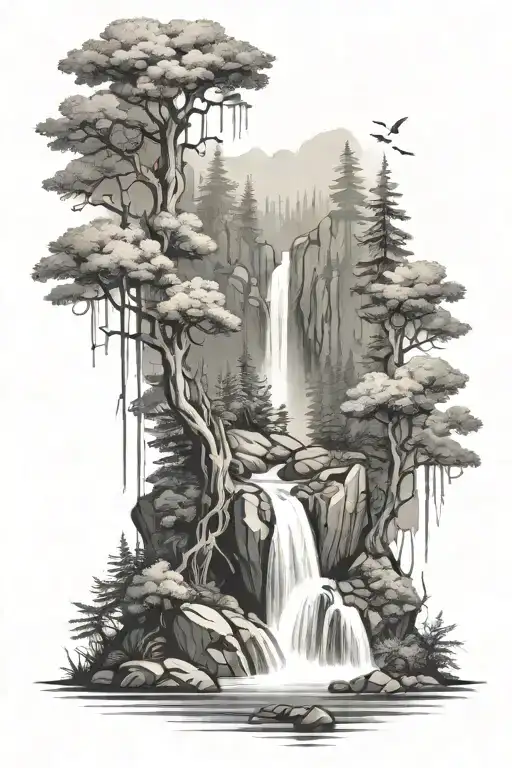 Forest Scene With Waterfall Flowing