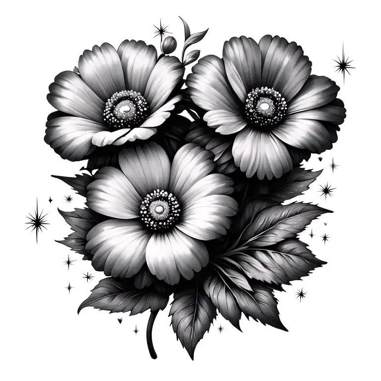 Dainty Minimalist Tattoo Of Three Flowers With Sparkles Around It