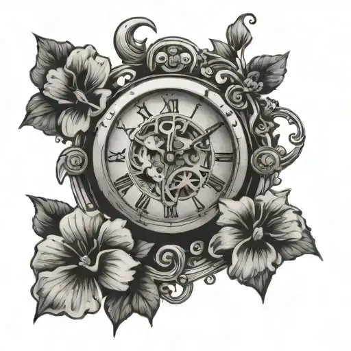 Mechanical Clock With Violets And Clouds