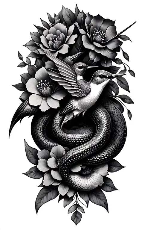 Mandala Design Incorporating Snake Wrapped And Flowers With Hummingbird