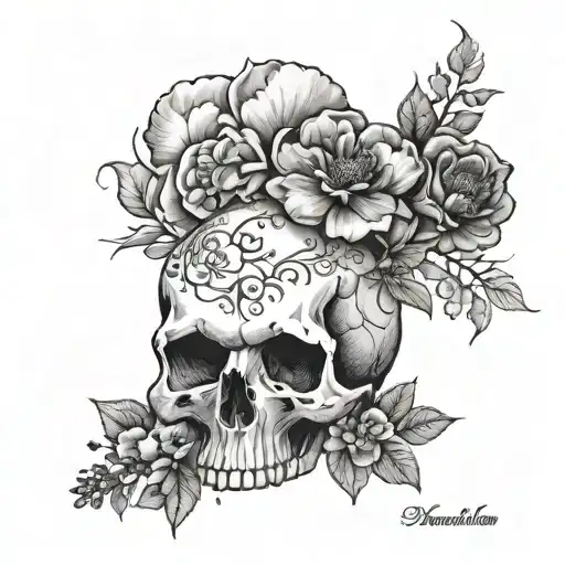 Skull With November And October Birth Flowers Growing