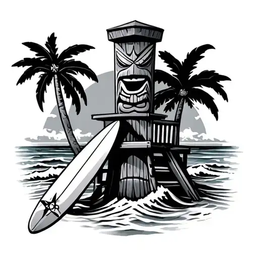 Tiki Statue Surfing Ocean Waves Nautical Compass Sand Lifeguard Station Sun Palm Trees
