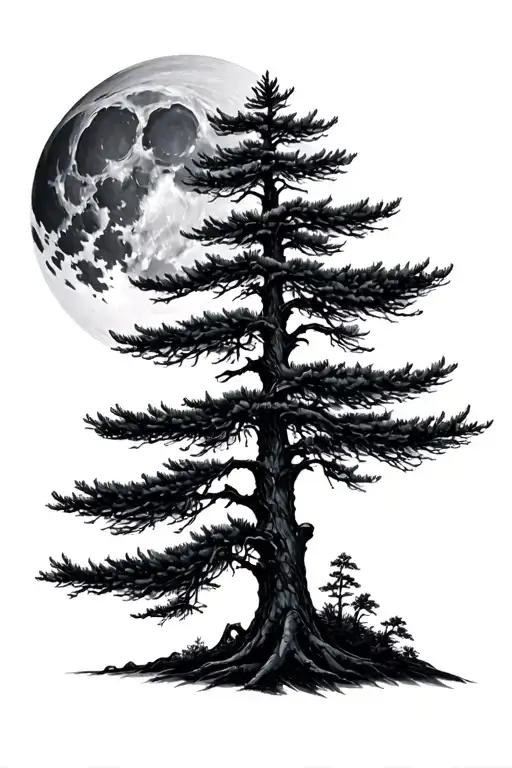 A Pine Tree With A Moon On The Background