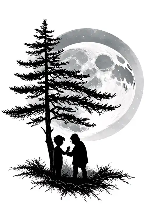 A Pine Tree With A Moon On The Background And A A Kid With His Grandpa In The Front