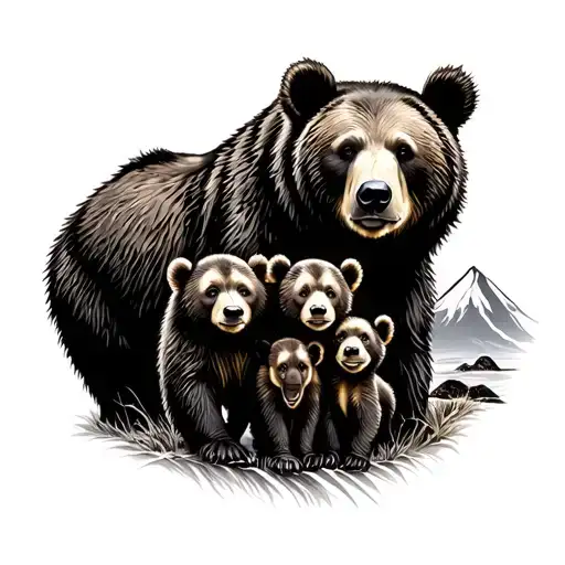 Mama Bear With 3 Cubs With Mountain Scene