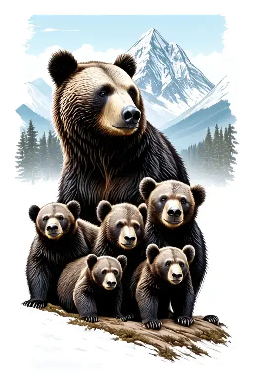 Mama Bear With 3 Cubs With Mountain Scene