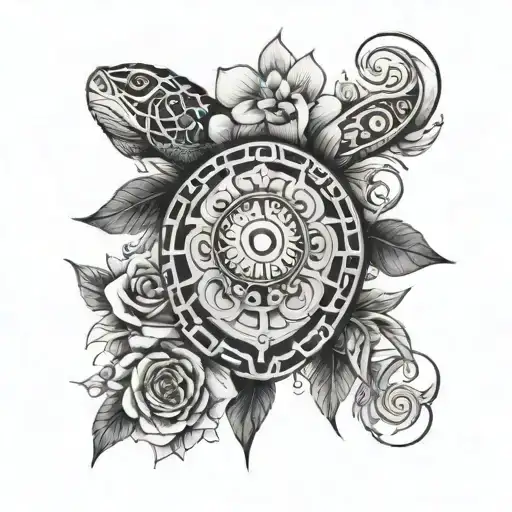 Maori Half Sleeve With Turtle On Shoulder And Some Flowers