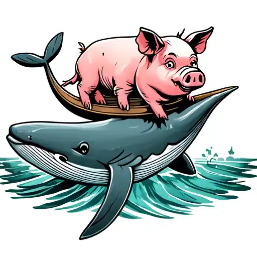 Cartoon Whale Riding A Cartoon Pig