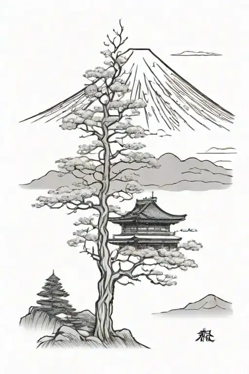 Tree And Mount Fuji Background Black