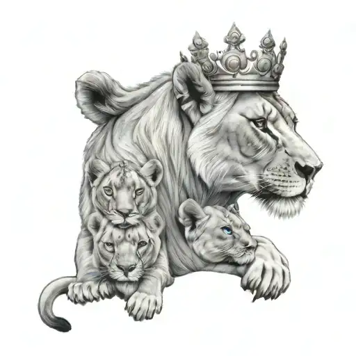 Lioness Wearing A Crown Protecting Her Cubs Face Only