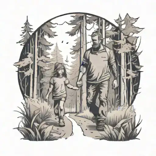 Father And Daughter Walking In The Forest Scene With A Hidden