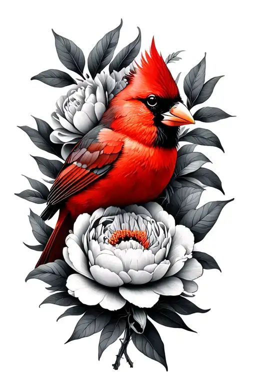 Fine Line Peonies With Cardinal Bird