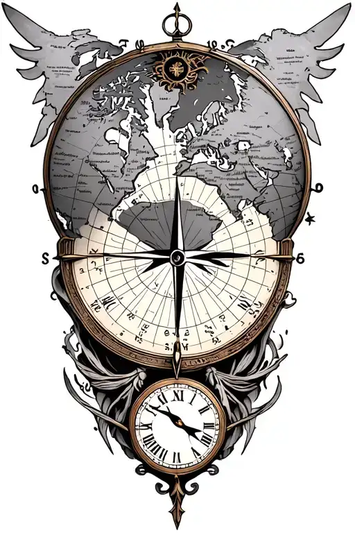 Old World Map With Compass And Clock