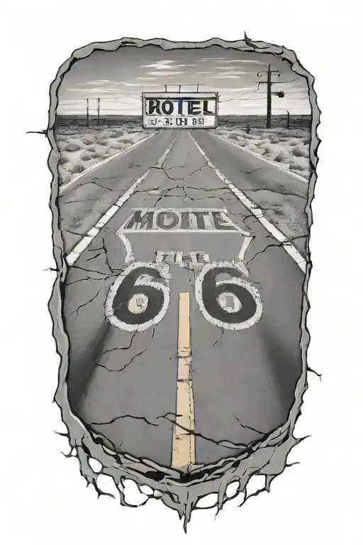 Route 66 Road Cracked With A Motel
