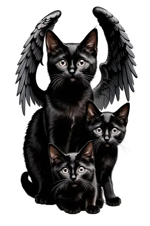 2 Black Cats With Angel Wings And 1 Black Kitten With Angel Wings