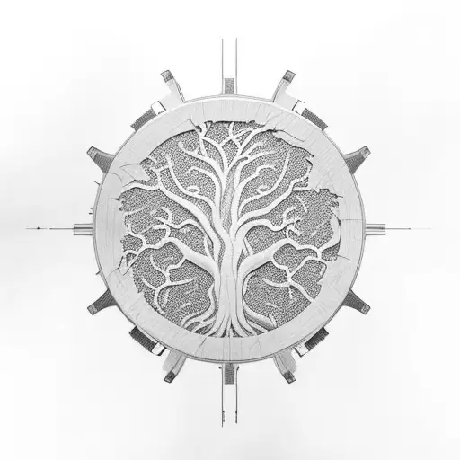 An Intricately Designed Mechanical Gear Merged With A Towering Oak Tree