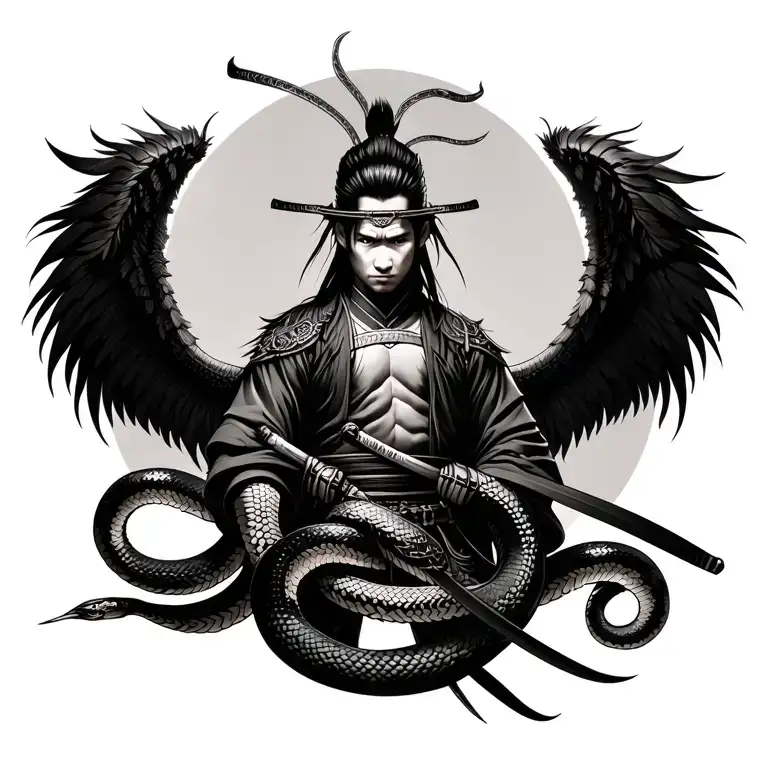 Samurai With Black Feathered Wings And Snakes