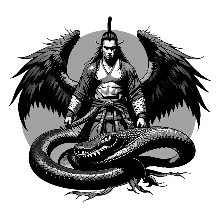 Samurai With Large Black Feathered Wings Standing Up And A Giant Snake