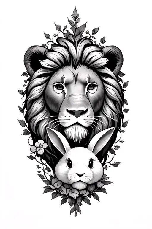 Lions Head With Teddy Bear With Bunny With Vines Growing