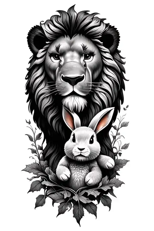 Lions Head With A Teddy Bear And A Bunny With Vines Growing