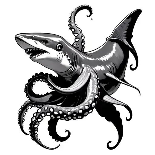 Octopus Wrapped Around Hammerhead Shark Swimming