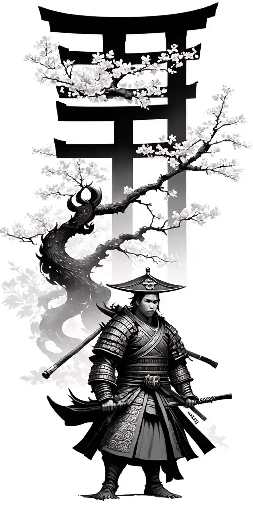 Cherry Blossom With A Oni Samurai Warrior And A Tori Gate