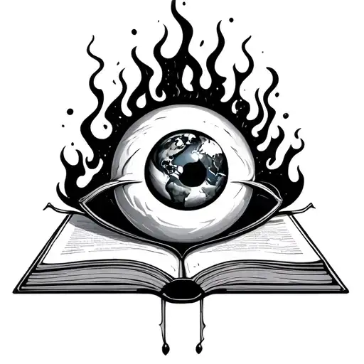 A Book With The Pages Burning With An Eyeball On The Top And Earth At The Bottom