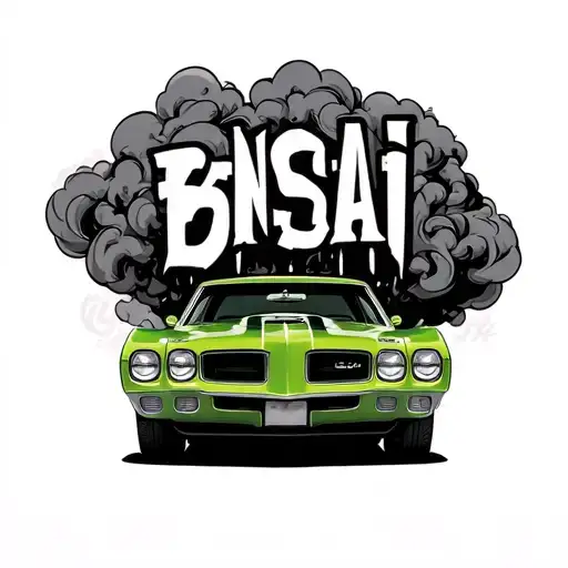 1969 Gto Judge In The Color Forrest Green With The Word Bonsai Written In A Cloud Of Exhaust