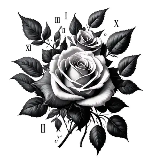 Black And Grey Realistic Roses With Roman Numerals Running Through