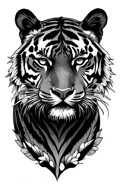 Tiger Outline Full Body Surrounded By Flowers