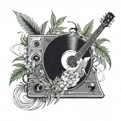 Create A Sleek And Modern Black-grey Tattoo Of A Vinyl Of Weed Game Music