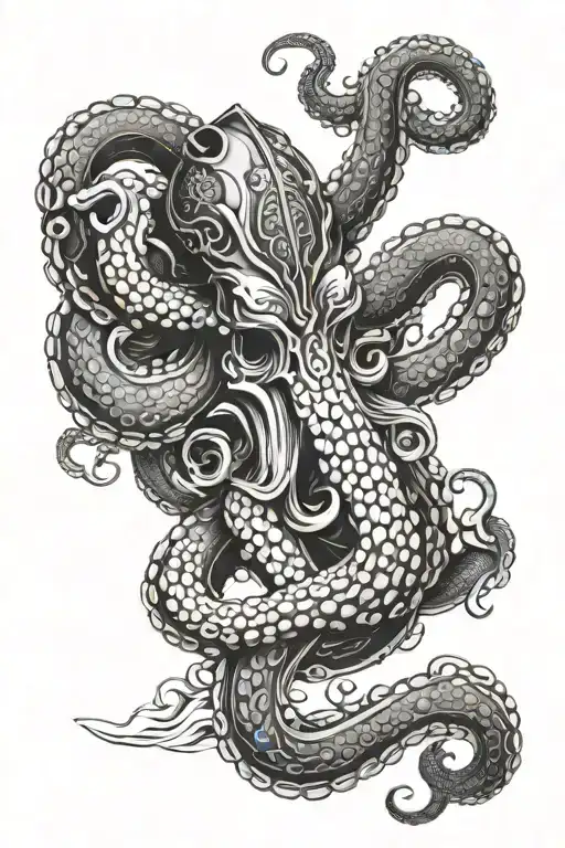 Japanese Style Octopus With Samurai Armor With Waves Background Full Sleeve